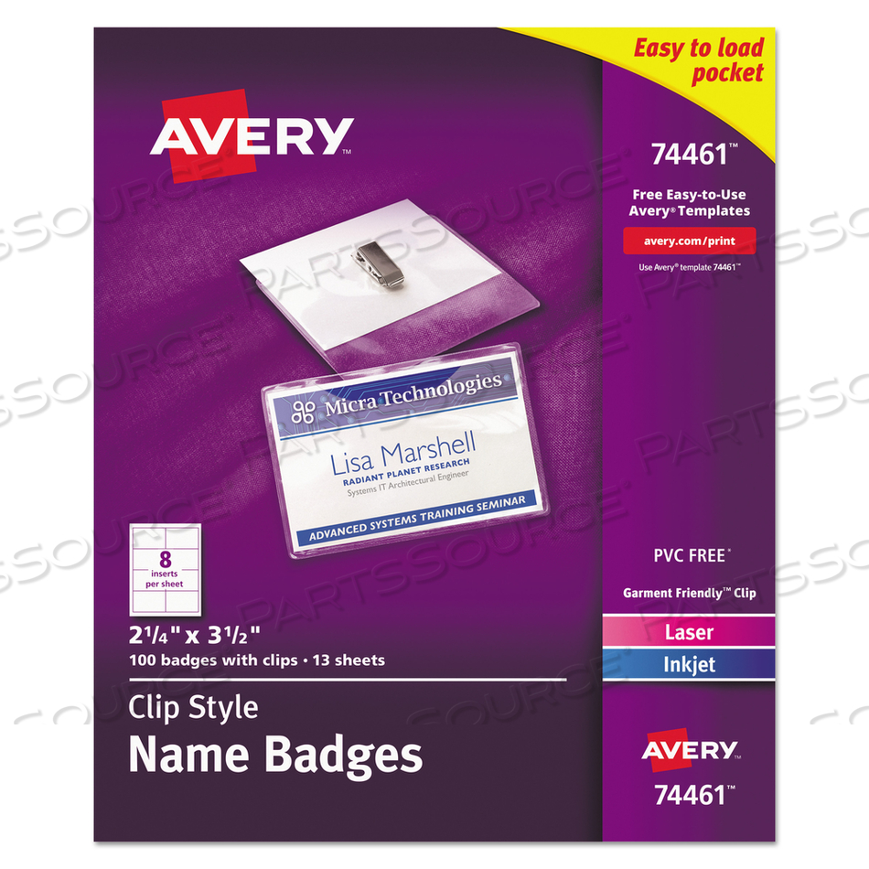 CLIP-STYLE BADGE HOLDER WITH LASER/INKJET INSERT, TOP LOAD, 3.5 X 2.25, WHITE by Avery