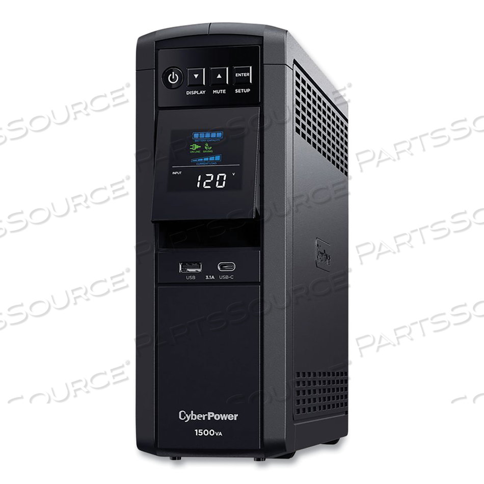 PFC SINEWAVE SERIES CP1500PFCLCD, UPS, AC 120 V, 1000 WATT, 1500 VA, 9 AH, RS-232, USB, OUTPUT CONNECTORS: 12, BLACK by CyberPower PFC SINEWAVE SERIES CP1500PFCLCD, UPS, AC 120 V, 1000 WATT, 1500 VA, 9 AH, RS-232, USB, OUTPUT CONNECTORS: 12, BLACK by CyberPower