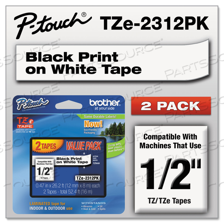 TZE STANDARD ADHESIVE LAMINATED LABELING TAPES, 0.47" X 26.2 FT, BLACK ON WHITE by Brother