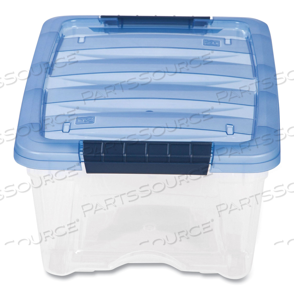 STACK AND PULL LATCHING FLAT LID STORAGE BOX, 3.23 GAL, 10.9" X 16.5" X 6.5", CLEAR/TRANSLUCENT BLUE by Iris USA, Inc STACK AND PULL LATCHING FLAT LID STORAGE BOX, 3.23 GAL, 10.9" X 16.5" X 6.5", CLEAR/TRANSLUCENT BLUE by Iris USA, Inc