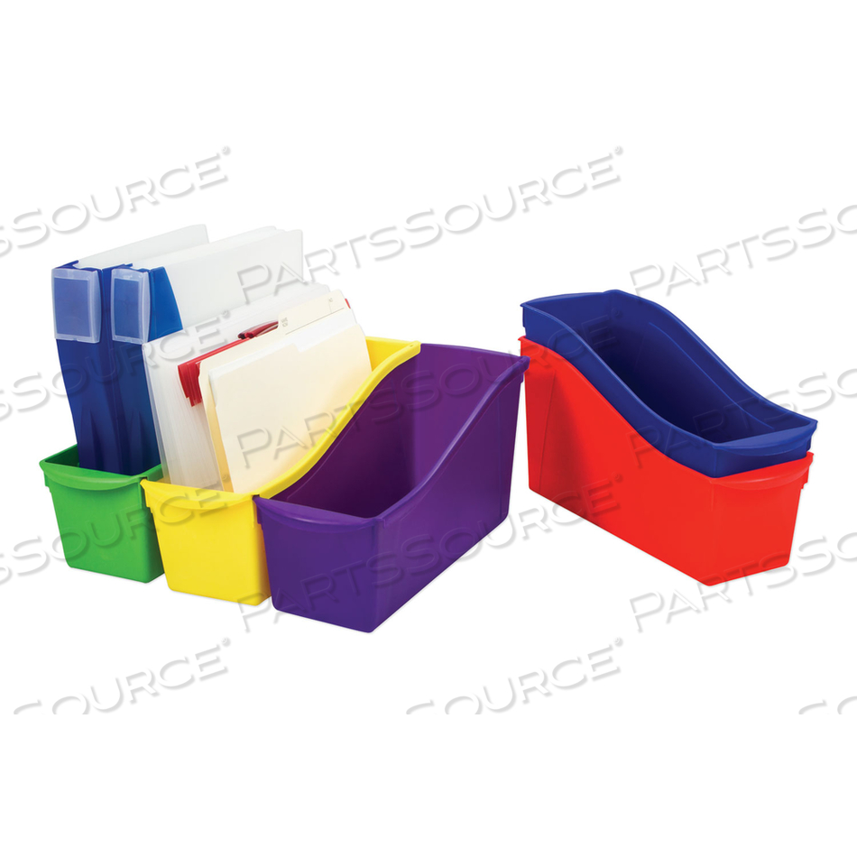 INTERLOCKING BOOK BINS WITH CLEAR LABEL POUCHES, 4.75" X 12.63" X 7", ASSORTED COLORS by Storex