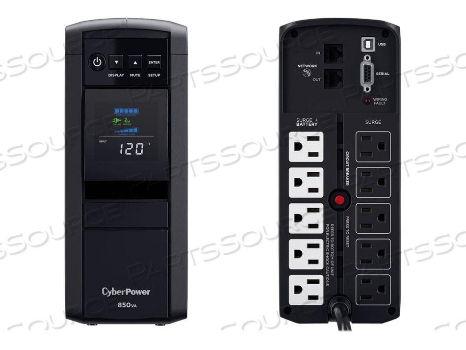 PFC SINEWAVE UPS SERIES CP850PFCLCD, UPS, AC 120 V, 510 WATT, 850 VA, 9 AH, RS-232, USB, OUTPUT CONNECTORS: 10, BLACK by CyberPower