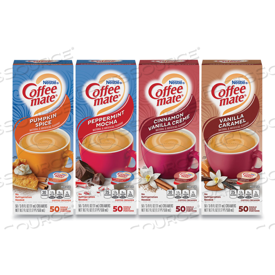 LIQUID COFFEE CREAMER, CINNAMON/PEPPERMINT/PUMPKIN/VANILLA, 0.38OZ MINI CUPS, 50/PK,4 PK/CT 