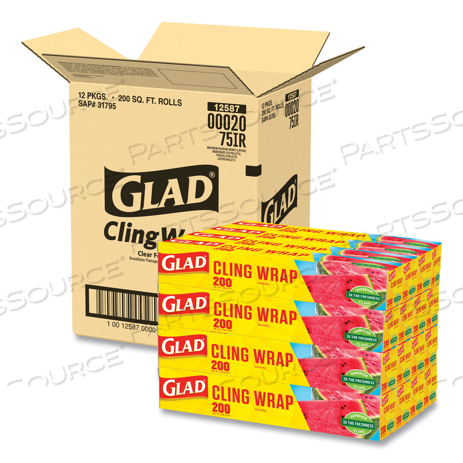 CLINGWRAP PLASTIC WRAP, 200 SQUARE FOOT ROLL, CLEAR/CARTON by Glad CLINGWRAP PLASTIC WRAP, 200 SQUARE FOOT ROLL, CLEAR/CARTON by Glad