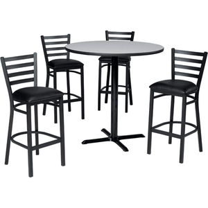 PREMIER HOSPITALITY 42" ROUND TABLE & BARSTOOLS W/ LADDER BACK- GRAY NEBULA/BLACK VINYL by Phoenix Office Furn.