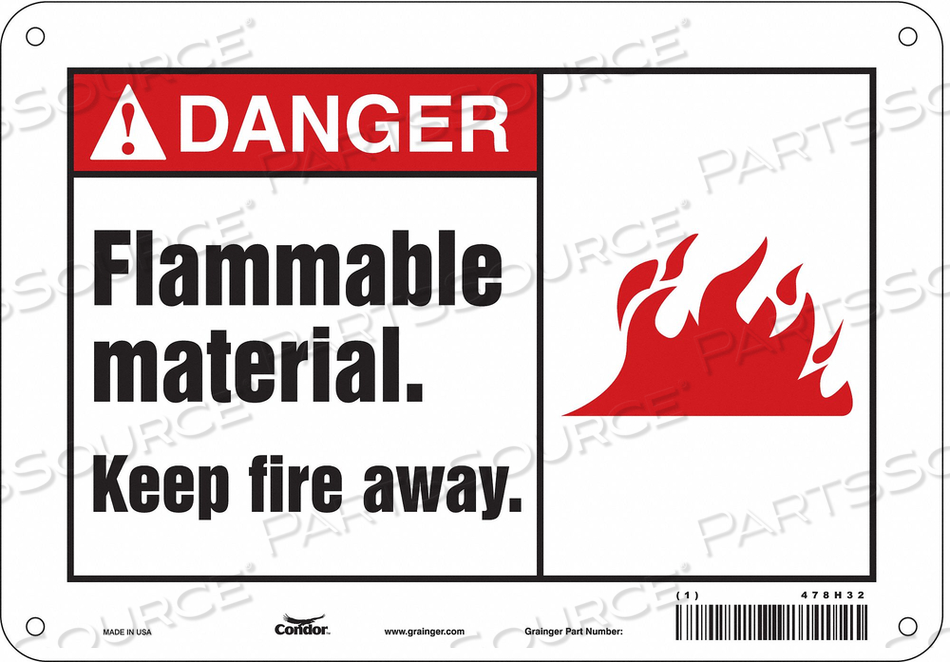 DANGER SIGN, VERTICAL RECTANGLE, NUMBER OF PRINTED SIDES 1, ENGLISH, SIGN FORMAT ANSI/OSHA FORMAT, SIGN LEGEND FLAMMABLE MATERIAL. KEEP FIRE by Condor