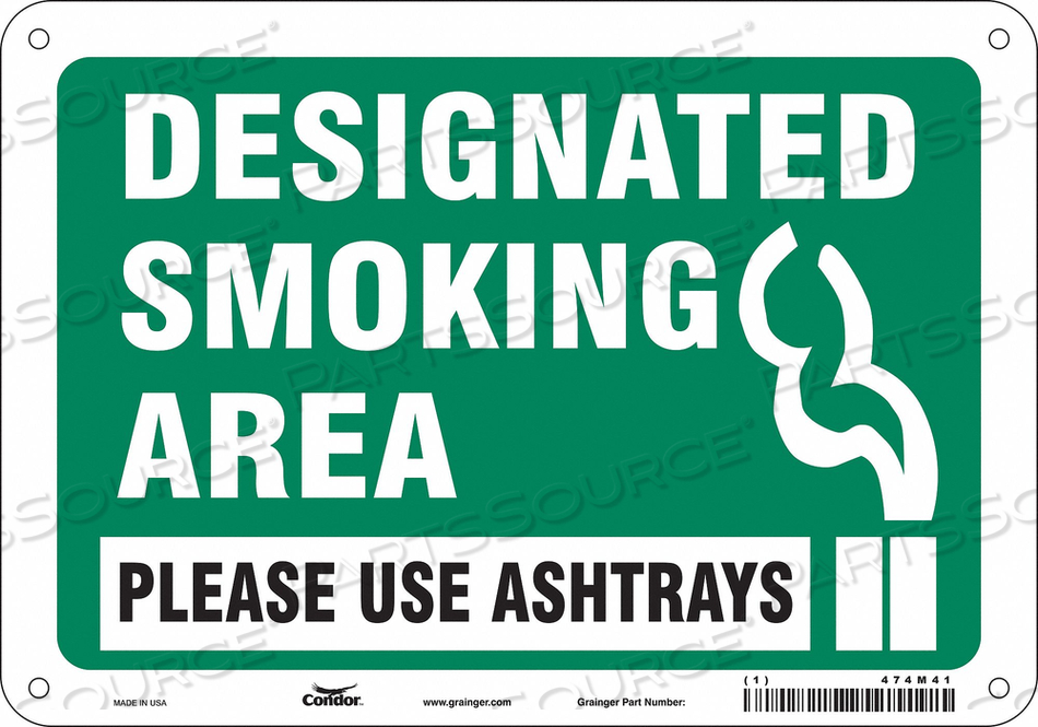 SAFETY SIGN, VERTICAL RECTANGLE, NUMBER OF PRINTED SIDES 1, ENGLISH, SIGN FORMAT OTHER FORMAT, SIGN LEGEND DESIGNATED SMOKING AREA PLEASE US by Condor