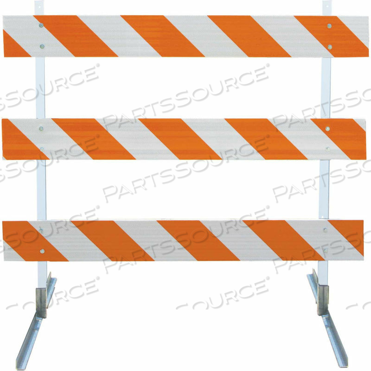 TYPE III BARRICADE W/ PLASTIC UPRIGHTS & ANGLE IRON FEET, HIP STRIPED SHEETING by Plasticade