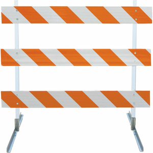 TYPE III BARRICADE W/ PLASTIC UPRIGHTS & ANGLE IRON FEET, HIP STRIPED SHEETING by Plasticade