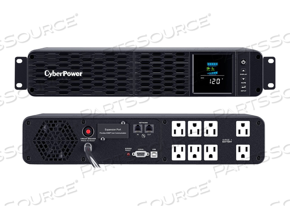 PFC SINEWAVE SERIES CP1500PFCRM2U, UPS (RACK-MOUNTABLE), AC 120 V, 1000 WATT, 1500 VA, 9 AH, USB, SERIAL, OUTPUT CONNECTORS: 8, 2U, BLACK by CyberPower