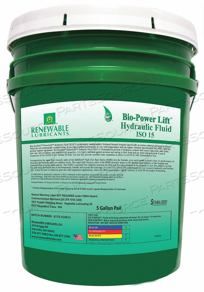 BIODEGRADABLE LIFT HYDRAULIC FLUID 5 GAL by Renewable Lubricants BIODEGRADABLE LIFT HYDRAULIC FLUID 5 GAL by Renewable Lubricants
