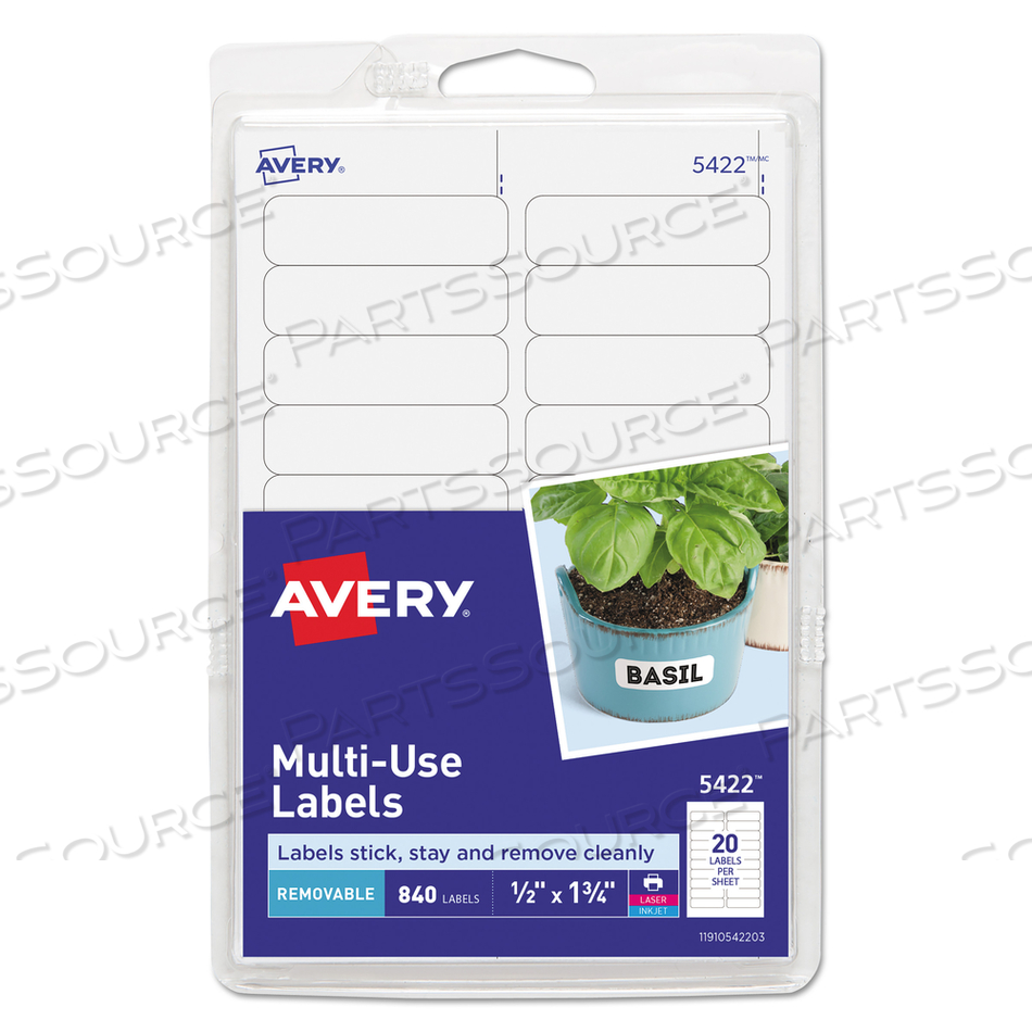 REMOVABLE MULTI-USE LABELS, INKJET/LASER PRINTERS, 0.5 X 1.75, WHITE, 20/SHEET, 42 SHEETS/PACK, (5422) by Avery