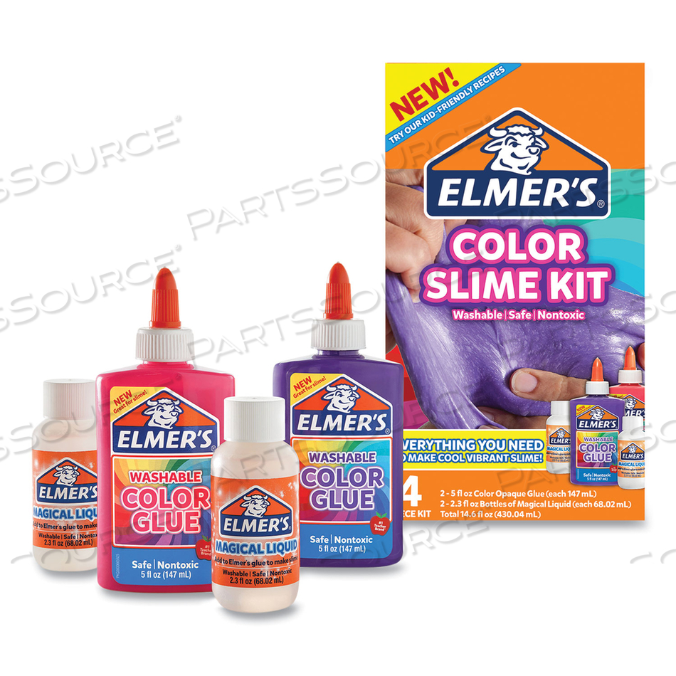 COLOR SLIME KIT, (1) 5 OZ PINK COLOR GLUE, (1) 5 OZ PURPLE COLOR GLUE, (2) 2.3 OZ ELMER'S MAGICAL LIQUID 