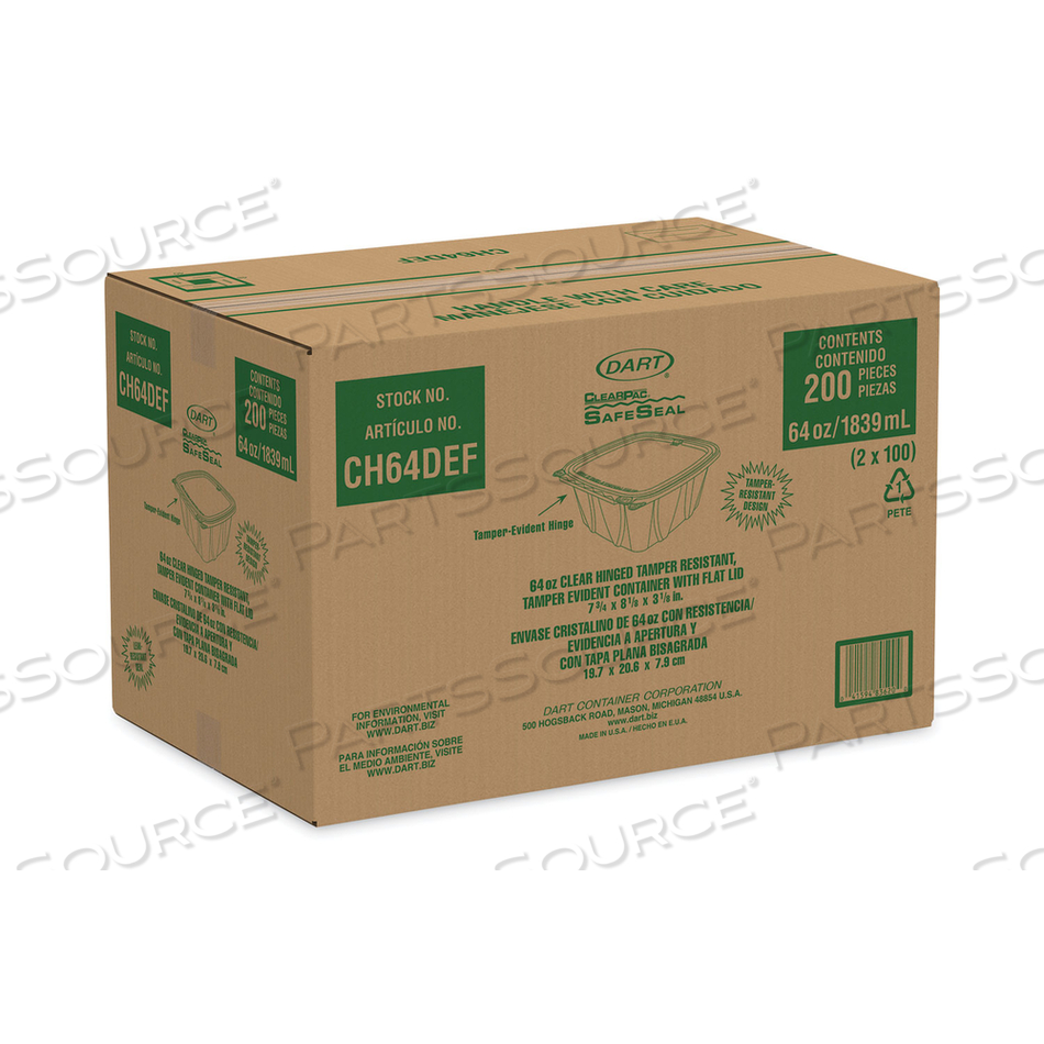 CLEARPAC SAFESEAL TAMPER-RESISTANT/EVIDENT CONTAINERS, FLAT LID, 64 OZ, 8.1 X 7.8 X 3.3, CLEAR, PLASTIC, 100/BAG by Dart Container Corporation