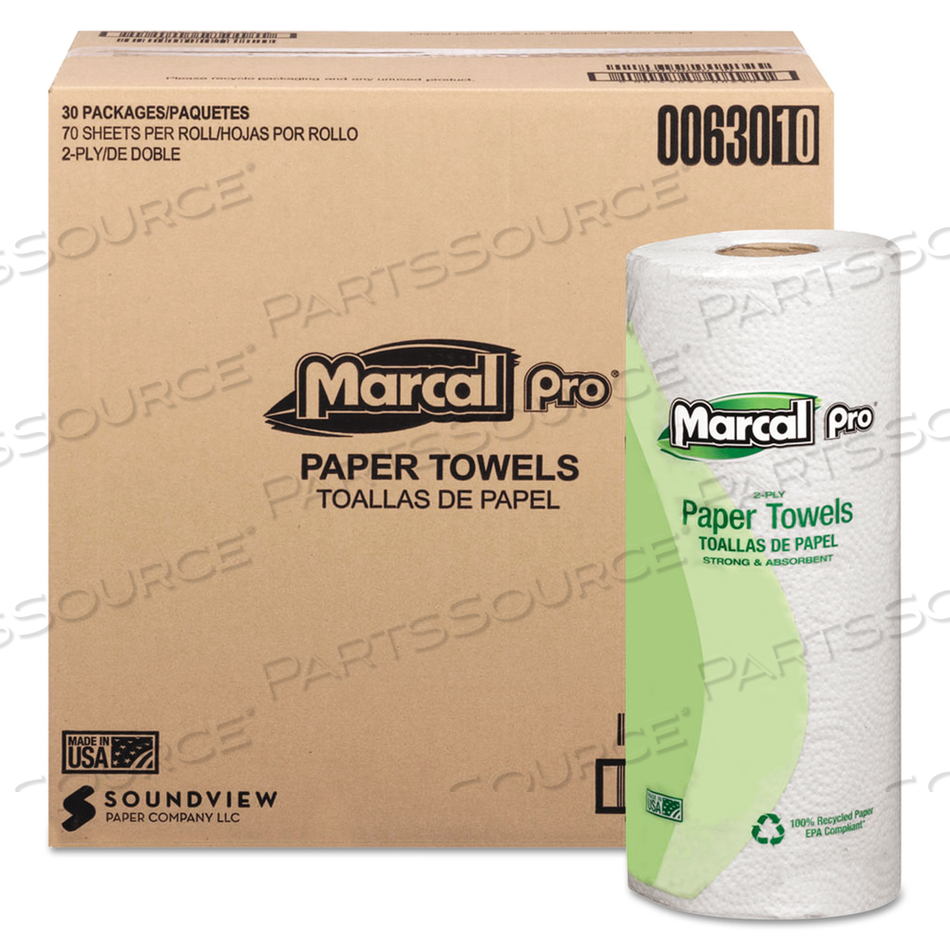100% PREMIUM RECYCLED KITCHEN ROLL TOWELS, 2-PLY, 11 X 9, WHITE, 70/ROLL by Marcal