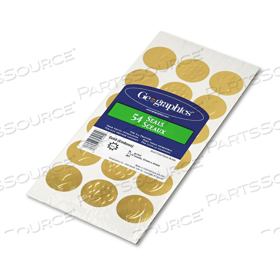 SELF-ADHESIVE EMBOSSED SEALS, 1.25" DIA, GOLD, 18/SHEET, 3 SHEETS/PACK 