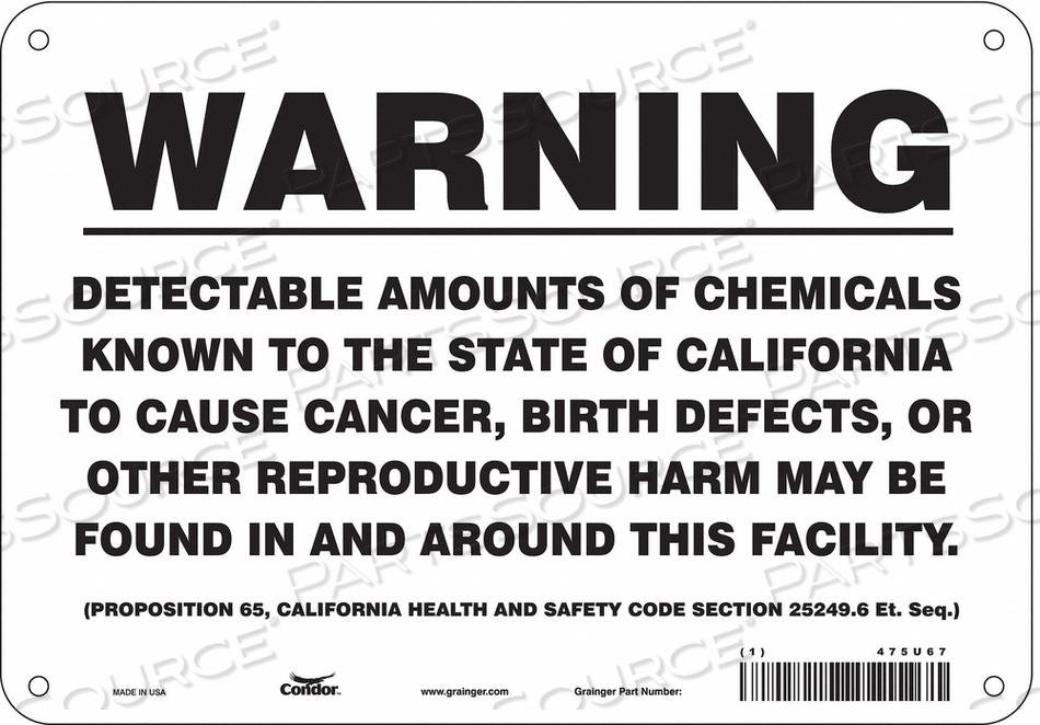 SAFETY SIGN, DETECTABLE AMOUNTS OF CHEMICALS KNOWN TO THE STATE OF CALIFORNIA TO CAUSE CANCER, BIRTH DEFECTS OR OTHER REPRODUCTIVE HARM MAY by Condor SAFETY SIGN, DETECTABLE AMOUNTS OF CHEMICALS KNOWN TO THE STATE OF CALIFORNIA TO CAUSE CANCER, BIRTH DEFECTS OR OTHER REPRODUCTIVE HARM MAY by Condor