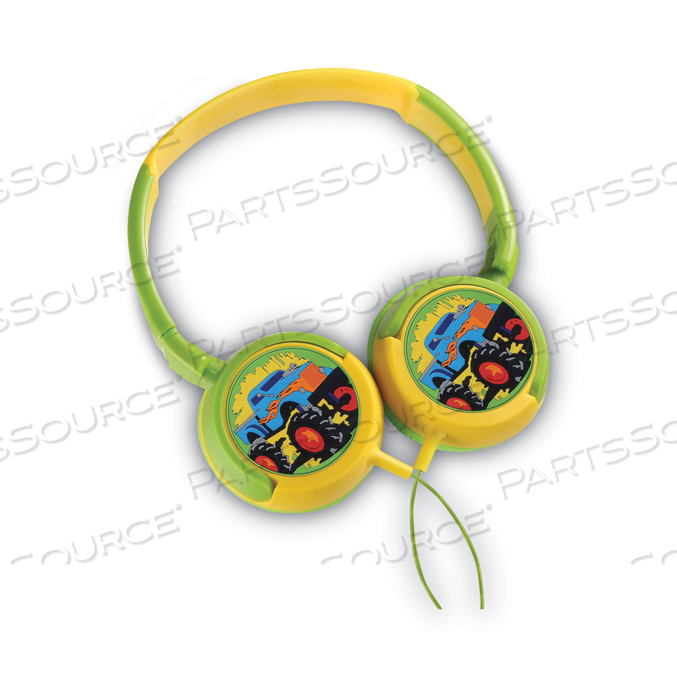 KIDDIES MONSTER TRUCK DESIGN STEREO EARPHONES, 4 FT CORD, GREEN/YELLOW/MULTICOLOR 