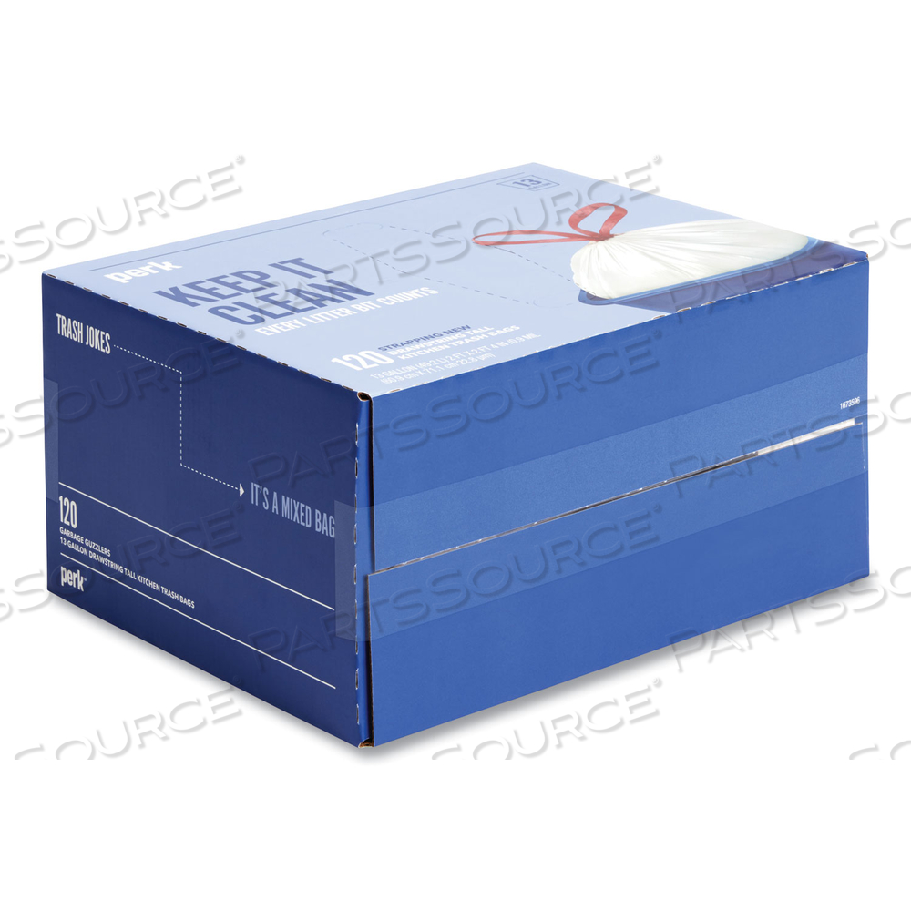 DRAWSTRING TALL KITCHEN TRASH BAGS, 13 GAL, 0.9 MIL, 28" X 24", WHITE by Perk