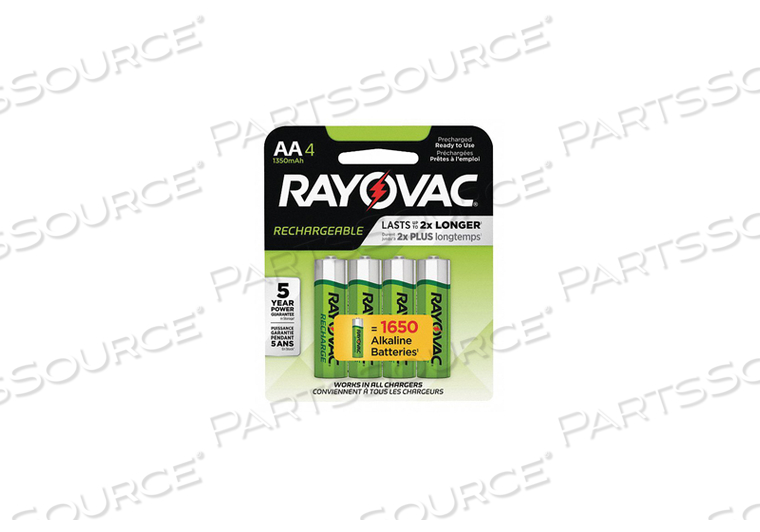 BATTERY RECHARGEABLE, RECHARGE, AA, NICKEL METAL HYDRIDE, 1.2V, 1350 MAH, (PACK OF 4) by Rayovac BATTERY RECHARGEABLE, RECHARGE, AA, NICKEL METAL HYDRIDE, 1.2V, 1350 MAH, (PACK OF 4) by Rayovac