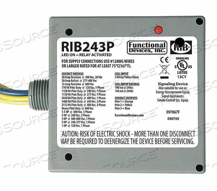 PREWIRED RELAY 24VAC/DC 20A 3PST-NO by RIB PREWIRED RELAY 24VAC/DC 20A 3PST-NO by RIB