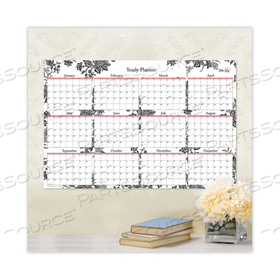 ANALEIS LAMINATED ERASABLE WALL CALENDAR, FLORAL ARTWORK, 36 X 24, WHITE/BLACK/CORAL SHEETS, 12-MONTH (JAN TO DEC): 2023 