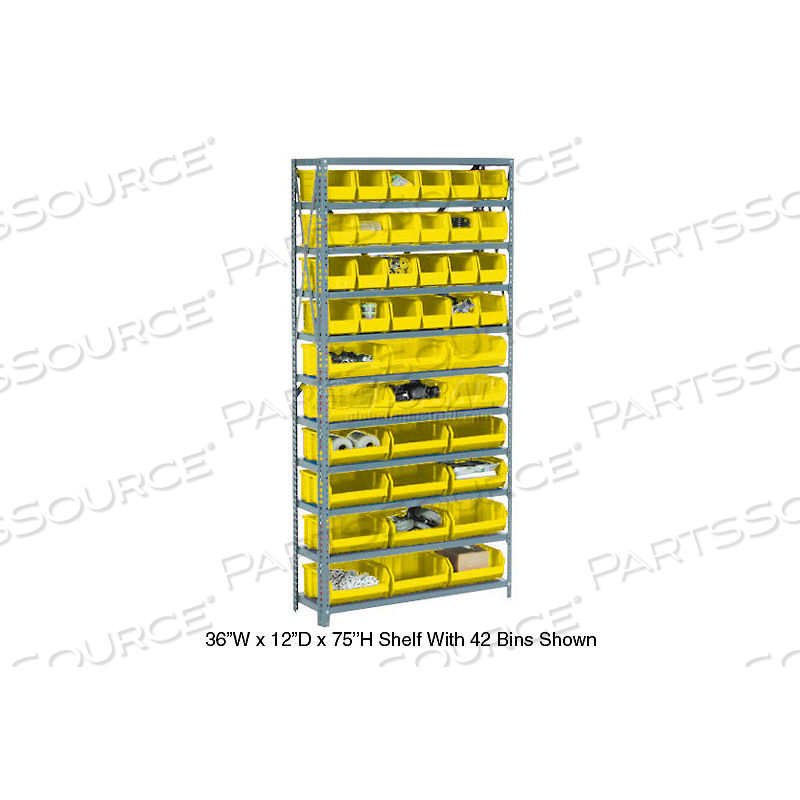 STEEL OPEN SHELVING - 14 YELLOW PLASTIC STACKING BINS 8 SHELVES 36 X 12 X 73 by Approved Vendor