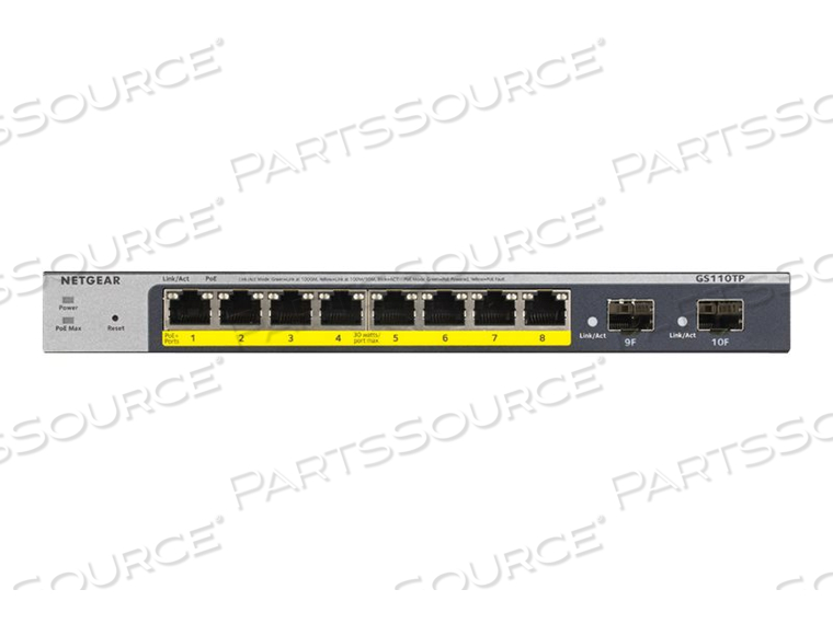 SMART GS110TPV3, SWITCH, SMART, 8 X 10/100/1000 (POE) + 2 X SFP, DESKTOP, WALL-MOUNTABLE, POE+ (55 W), DC POWER by Netgear