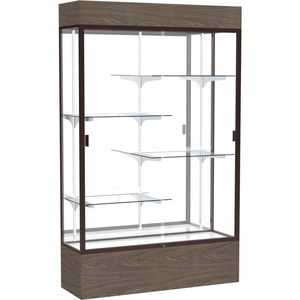 RELIANT LIGHTED DISPLAY CASE 48"W X 80"H X 16"D WALNUT BASE MIRROR BACK DARK BRONZE FRAME by Waddell Display