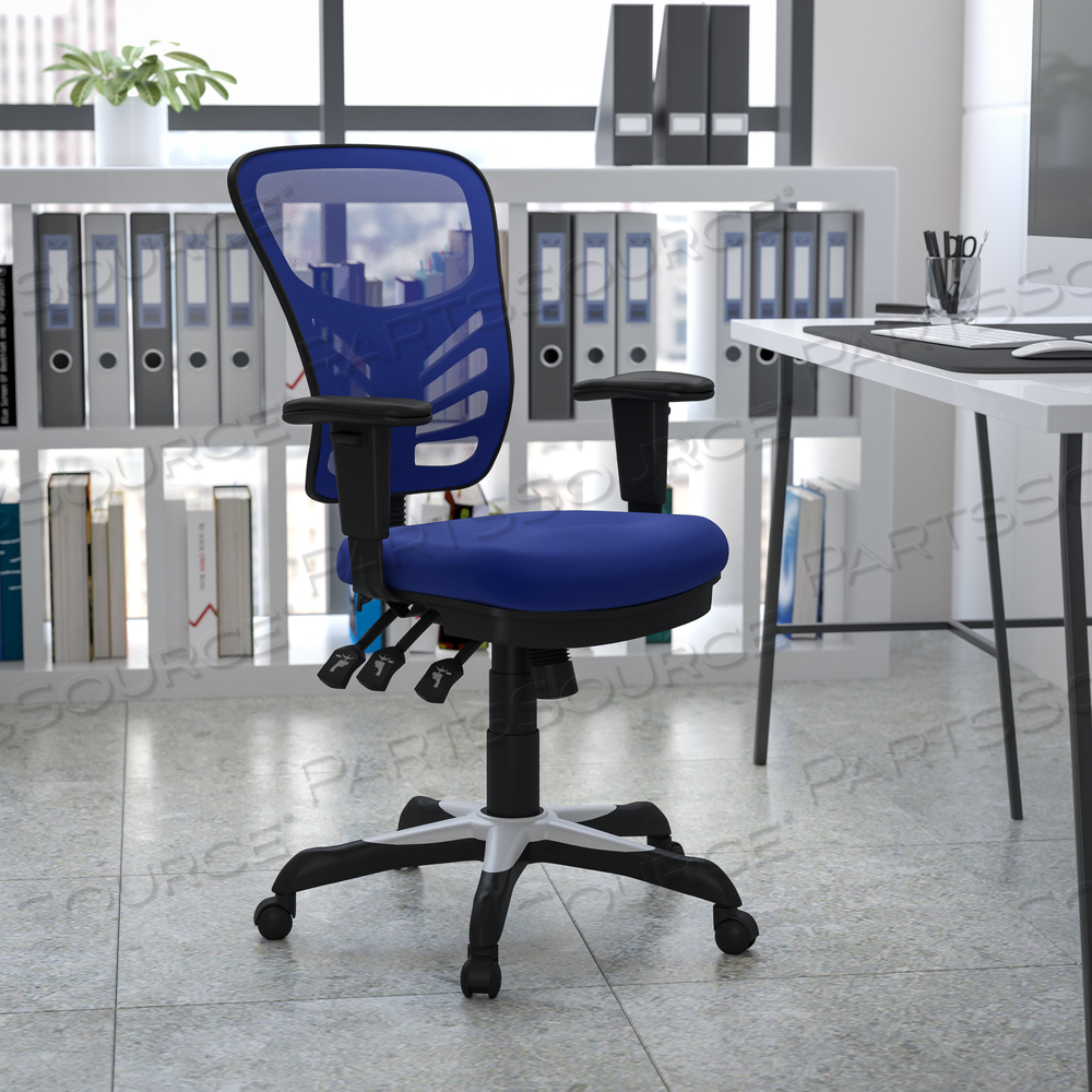 NICHOLAS MID-BACK BLUE MESH MULTIFUNCTION EXECUTIVE SWIVEL ERGONOMIC OFFICE CHAIR WITH ADJUSTABLE ARMS by Flash Furniture
