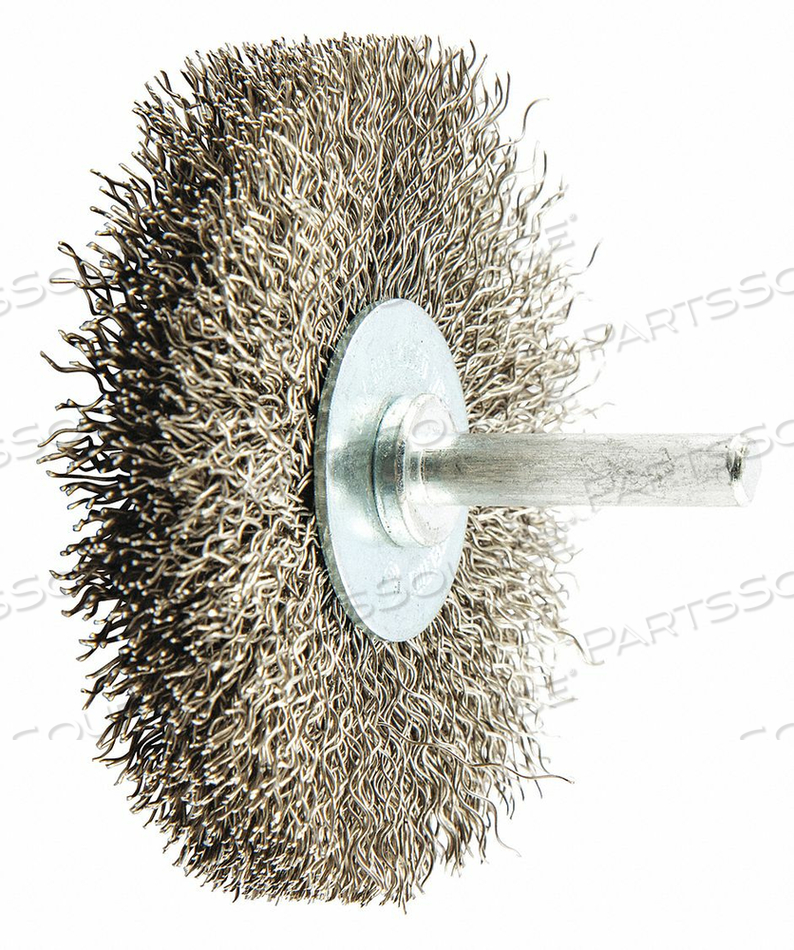 WIRE WHEEL BRUSH, CRIMPED STAINLESS STEEL, 3 IN DIA X 1/2 IN WD, 1/4 IN SHANK by Norton | Saint-Gobain Abrasives WIRE WHEEL BRUSH, CRIMPED STAINLESS STEEL, 3 IN DIA X 1/2 IN WD, 1/4 IN SHANK by Norton | Saint-Gobain Abrasives