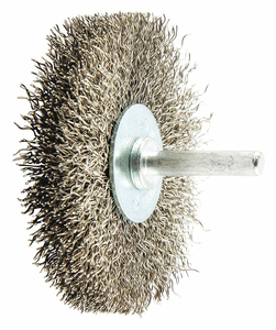 WIRE WHEEL BRUSH, CRIMPED STAINLESS STEEL, 3 IN DIA X 1/2 IN WD, 1/4 IN SHANK by Norton | Saint-Gobain Abrasives WIRE WHEEL BRUSH, CRIMPED STAINLESS STEEL, 3 IN DIA X 1/2 IN WD, 1/4 IN SHANK by Norton | Saint-Gobain Abrasives