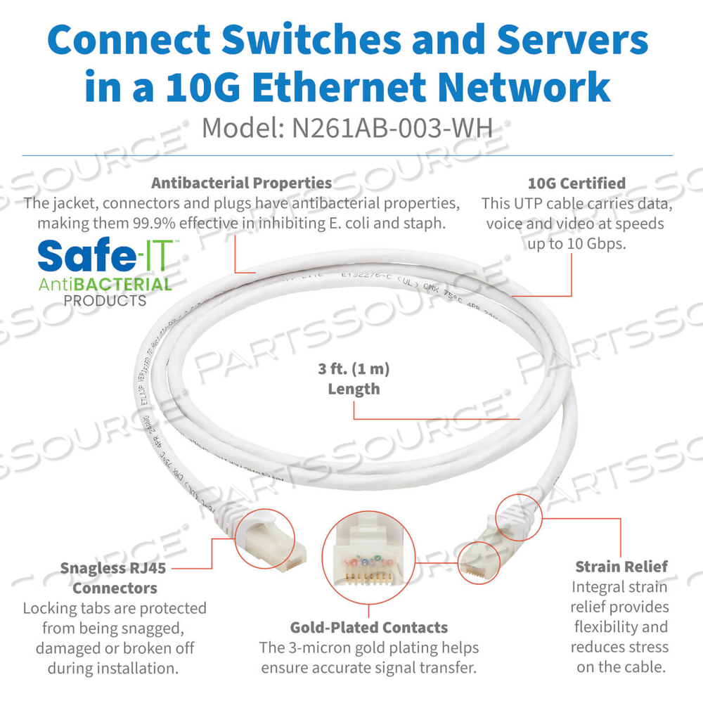 SAFE-IT CAT6A ETHERNET CABLE ANTIBACTERIAL SNAGLESS 10G M/M 3FT by Tripp Lite