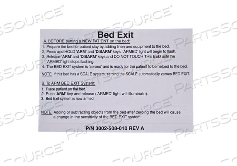 LABEL, BED EXIT LID, FOR USE WITH: FOR MODEL 3002 SECURE® II MODEL 3002 by Stryker Medical