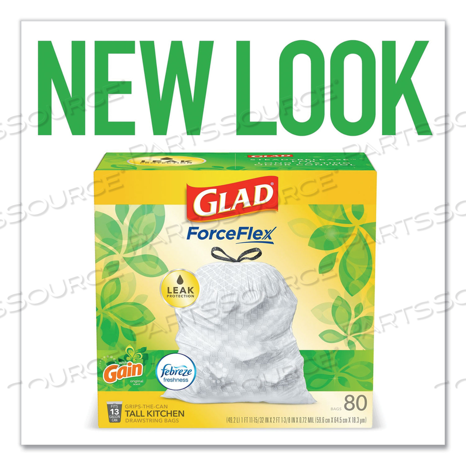 ODORSHIELD TALL KITCHEN DRAWSTRING BAGS, 13 GAL, 0.95 MIL, 24" X 27.38", WHITE, 80 BAGS/BOX by Glad ODORSHIELD TALL KITCHEN DRAWSTRING BAGS, 13 GAL, 0.95 MIL, 24" X 27.38", WHITE, 80 BAGS/BOX by Glad