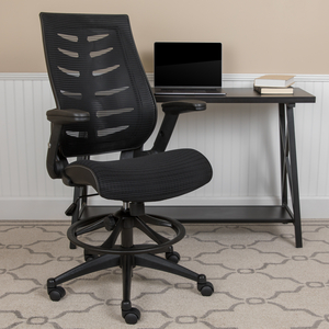 KALE HIGH BACK BLACK MESH SPINE-BACK ERGONOMIC DRAFTING CHAIR WITH ADJUSTABLE FOOT RING AND ADJUSTABLE FLIP-UP ARMS by Flash Furniture KALE HIGH BACK BLACK MESH SPINE-BACK ERGONOMIC DRAFTING CHAIR WITH ADJUSTABLE FOOT RING AND ADJUSTABLE FLIP-UP ARMS by Flash Furniture