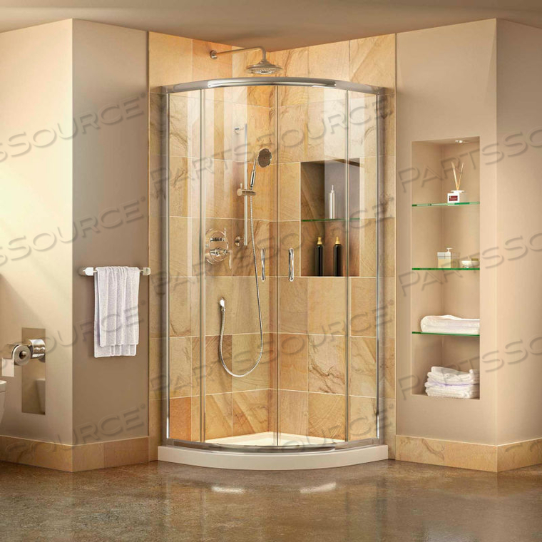 PRIME SLIDING SHOWER ENCLOSURE & SLIMLINE 33" X 33" QUARTER ROUND SHOWER BASE 