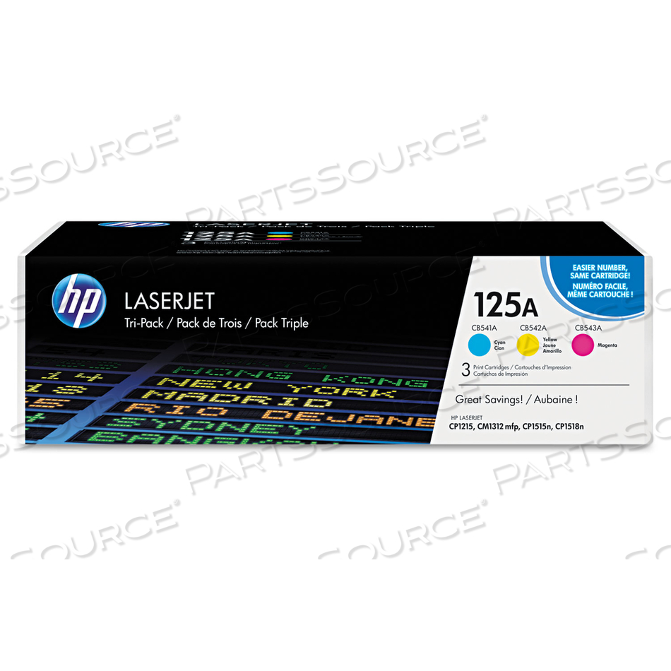 HP 125A, (CE259A) 3-PACK CYAN/MAGENTA/YELLOW ORIGINAL LASERJET TONER CARTRIDGES 