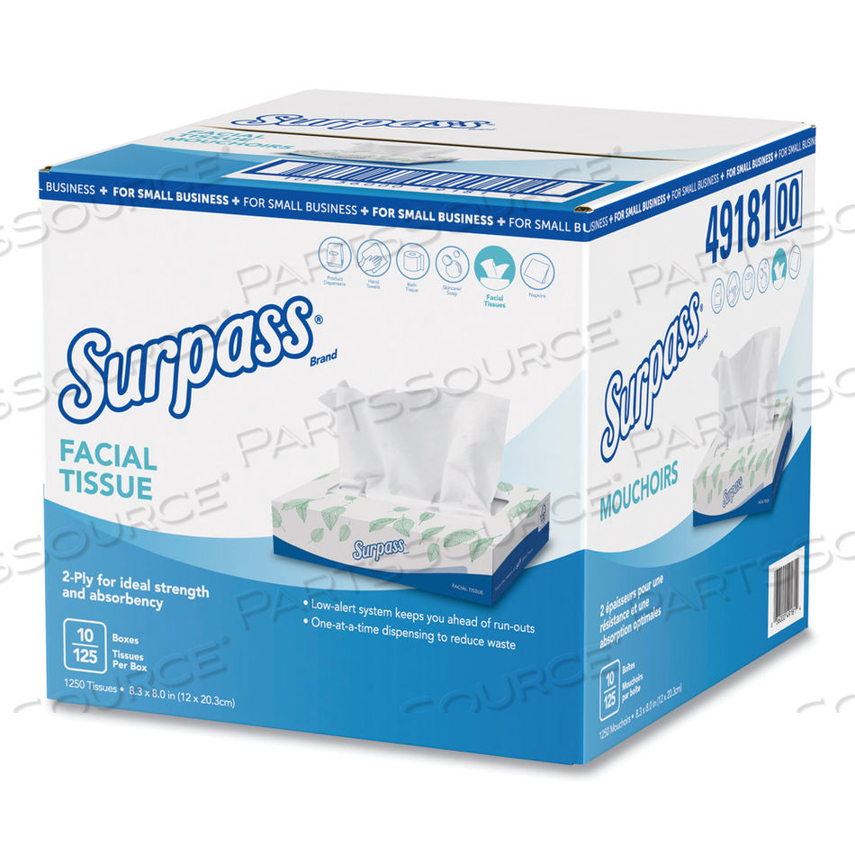 FACIAL TISSUE, 2-PLY, WHITE, FLAT BOX, 125/BOX, 10 BOXES/CARTON 