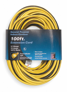 POWER CORD EXTENSION, 100 FT, 15 A, 125 VAC, 12 AWG, NEMA 5-15P TO NEMA 5-15R, YELLOW WITH BLACK STRIPE by Power First