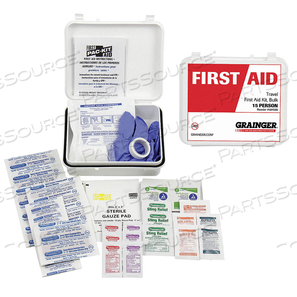 FIRST AID KIT AND HOUSING, GEN PURPOSE, 1 PEOPLE SERVED, 64 COMPONENTS, PLASTIC by Approved Vendor
