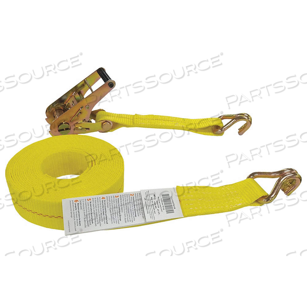 TIE DOWN STRAP, RATCHET, WIRE-HOOK, GEN PURPOSE, 2 IN WD, 3,300 LB WLL, YELLOW, 27 FT LG by Approved Vendor