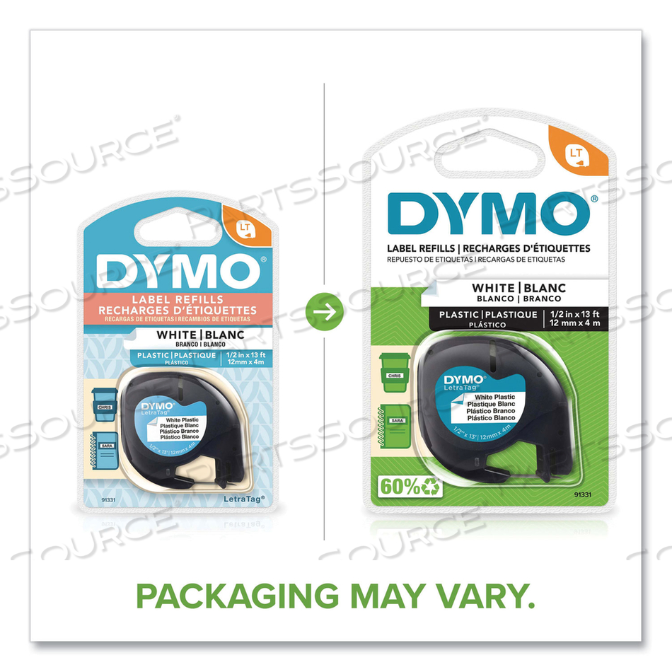 LETRATAG PLASTIC LABEL TAPE CASSETTE, 0.5" X 13 FT, WHITE by Dymo