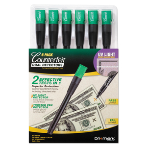 COUNTERFEIT MONEY DETECTION SYSTEM, UV LIGHT; WATERMARK DETECTOR; COLOR CHANGE INK, U.S. CURRENCY, 0.8 X 0.8 X 6, BLACK/GREEN by Dri-Mark