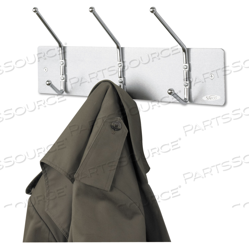 METAL WALL RACK, THREE BALL-TIPPED DOUBLE-HOOKS, METAL, 18W X 3.75D X 7H, SATIN 
