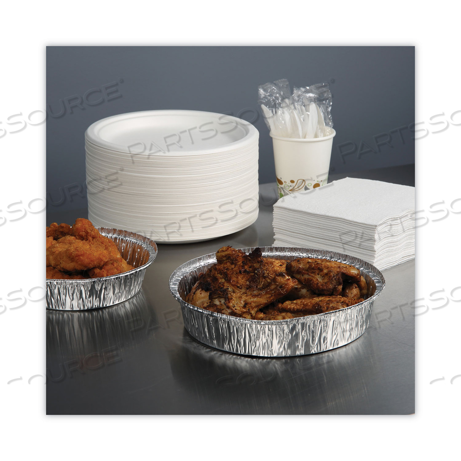 ROUND ALUMINUM TO-GO CONTAINERS, 48 OZ, 9" DIAMETER X 1.66"H, SILVER by Boardwalk