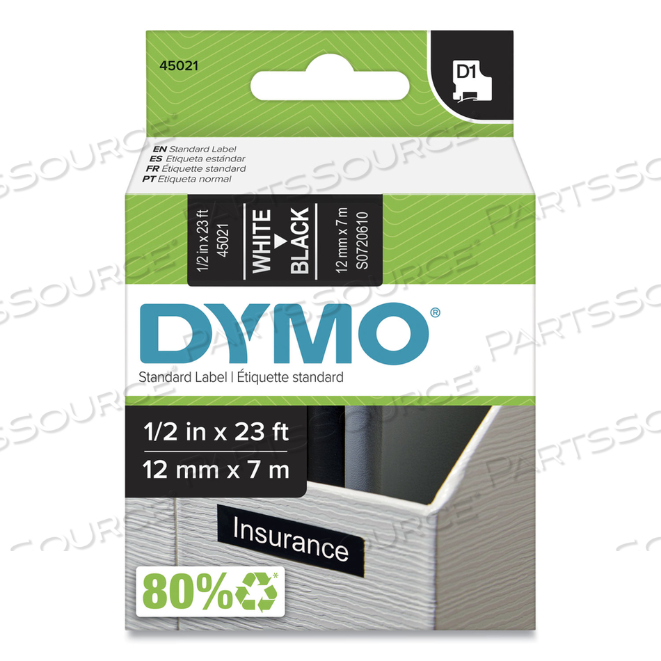 D1 HIGH-PERFORMANCE POLYESTER REMOVABLE LABEL TAPE, 0.5" X 23 FT, WHITE ON BLACK 