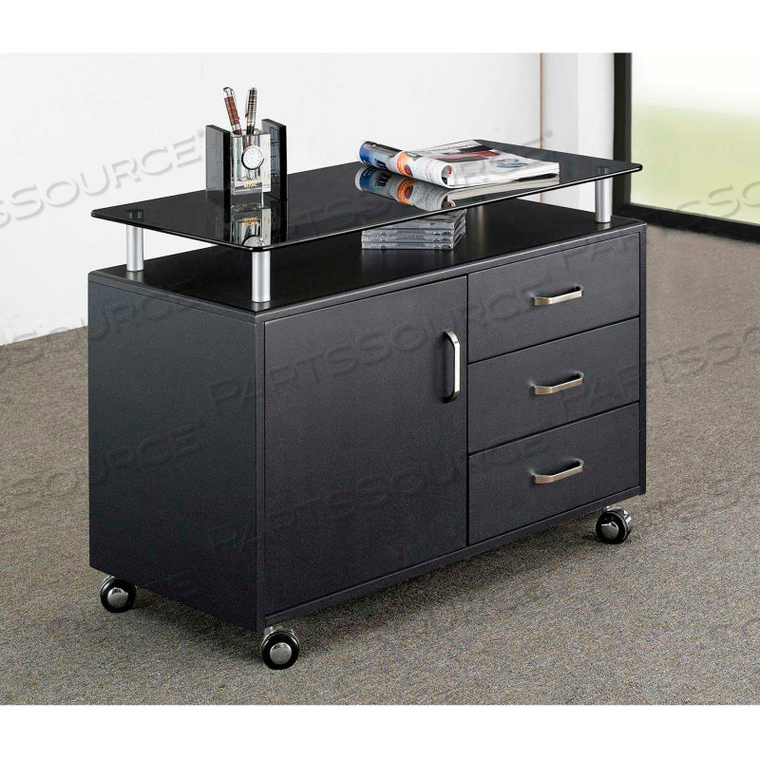 TECHNI MOBILI DELUXE ROLLING GLASS TOP STORAGE CABINET, 31-1/2"W X 16"D X 23-1/4"H, GRAPHITE by Rta Products LLC TECHNI MOBILI DELUXE ROLLING GLASS TOP STORAGE CABINET, 31-1/2"W X 16"D X 23-1/4"H, GRAPHITE by Rta Products LLC