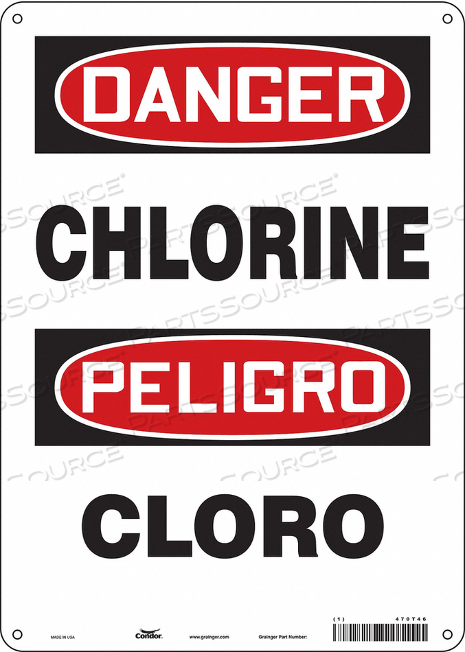 SAFETY SIGN, VERTICAL RECTANGLE, NUMBER OF PRINTED SIDES 1, ENGLISH, SPANISH, SIGN FORMAT TRADITIONAL OSHA, SIGN LEGEND CHLORINE/CLORO, SIGN by Condor