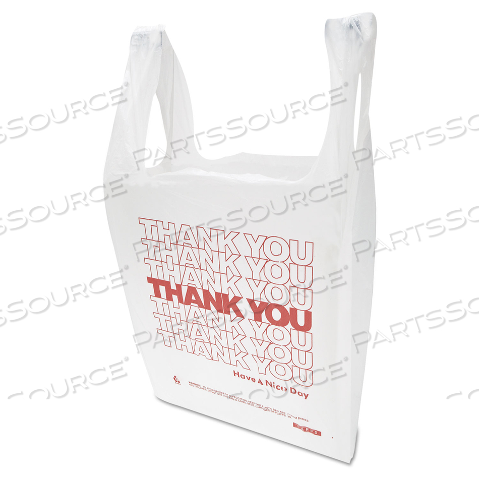 "THANK YOU" HANDLED T-SHIRT BAG, 0.167 BBL, 12.5 MICRONS, 11.5" X 21", WHITE by Inteplast Group "THANK YOU" HANDLED T-SHIRT BAG, 0.167 BBL, 12.5 MICRONS, 11.5" X 21", WHITE by Inteplast Group